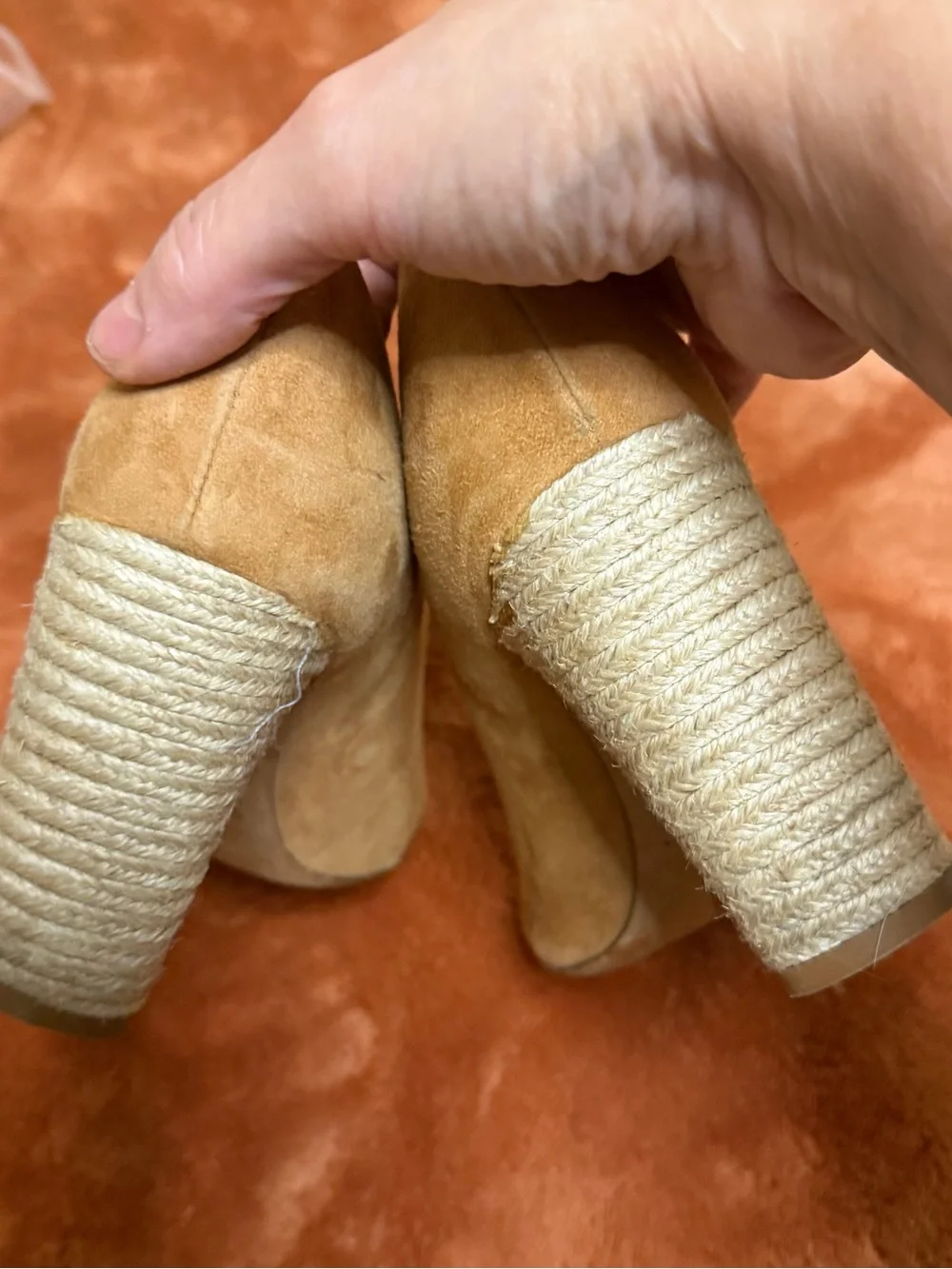 Vince Made in Italy Suede Peep Toe Espadrille Block Heels Tan 6.5M